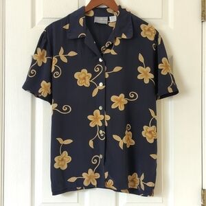 Jaclyn Smith 90's Vintage Silk Floral Short Sleeve Button Down Top Navy Tan M